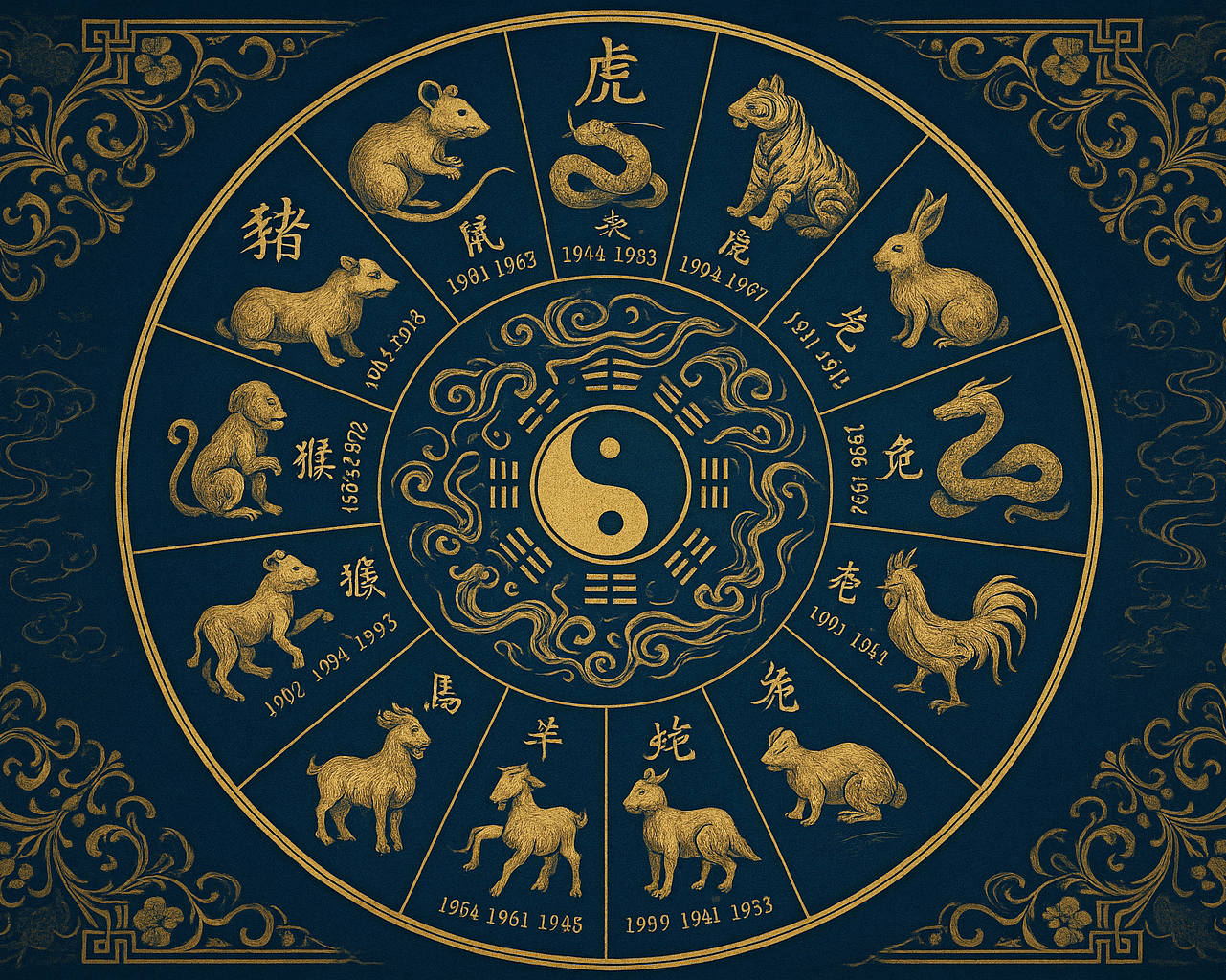 帮我生成一个中国玄学的图片（圆图）里面含有十二生肖和年份