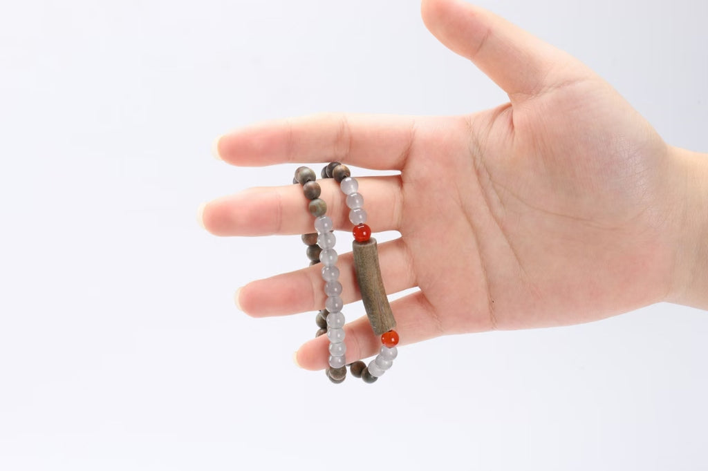 Handcrafted Wooden and Stone Beaded Bracelet with Unique Orange Gemstone Accent