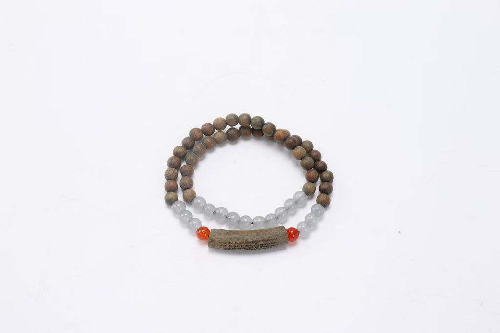 Handcrafted Wooden and Stone Beaded Bracelet with Unique Orange Gemstone Accent