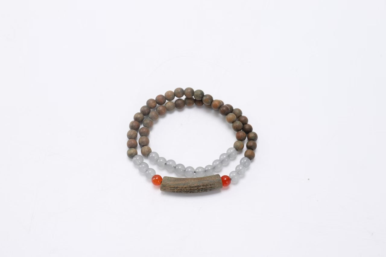 Handcrafted Wooden and Stone Beaded Bracelet with Unique Orange Gemstone Accent